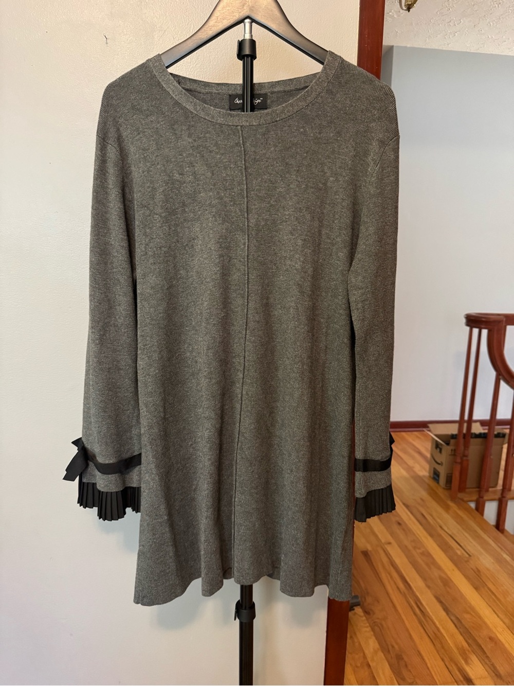 Charlie Paige Gray Long Sleeve Swing Dress with Pleated Cuffs